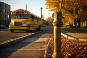 un amplio - ángulo Disparo de un colegio autobús detener firmar con un vacío acera en el antecedentes. generativo ai foto