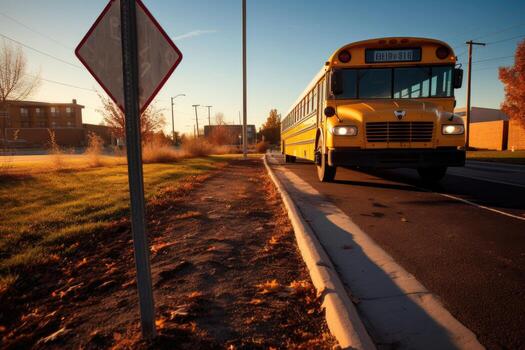 A wide - angle shot of a school bus stop sign with an empty sidewalk in the background. photo