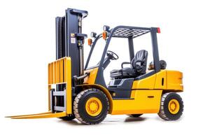 A close - up shot of a yellow forklift isolated on a white background. photo