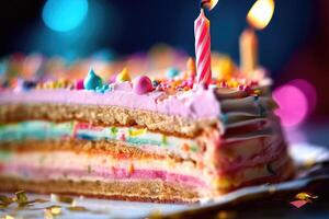 A lively and colorful extreme close - up of a slice of birthday cake. Generative AI photo