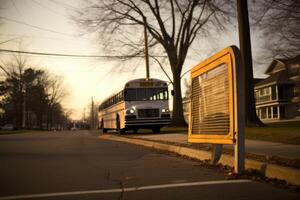 A wide - angle shot of a school bus stop sign with an empty sidewalk in the background. photo