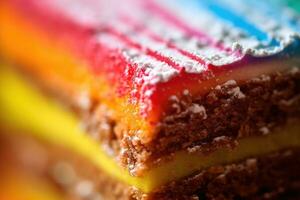 A lively and colorful extreme close - up of a slice of birthday cake. Generative AI photo