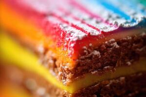 A lively and colorful extreme close - up of a slice of birthday cake. photo
