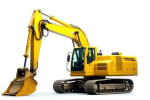 A close - up shot of a yellow excavator against isolated on a white background. Generative AI photo