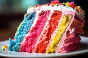 A lively and colorful extreme close - up of a slice of birthday cake. photo