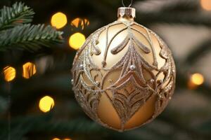 un cerca - arriba Disparo de un reluciente nuevo años ornamento colgando desde el ramas de un Navidad árbol. generativo ai foto