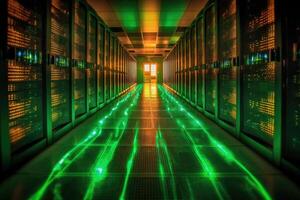 A close - up photo of a corridor in a busy data center. The image features a multitude of rack servers and supercomputers filling the frame.