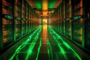 A close - up photo of a corridor in a busy data center. The image features a multitude of rack servers and supercomputers filling the frame. Generative AI