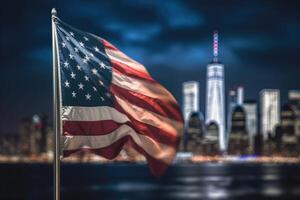 A close - up shot of an American flag gently waving in the foreground, with the iconic New York City skyline illuminated in the background. Generative AI photo