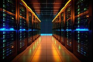 A close - up photo of a corridor in a busy data center. The image features a multitude of rack servers and supercomputers filling the frame.
