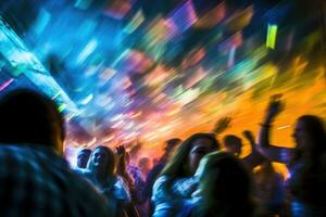 The vibrant energy of a crowded nightclub with colorful lights and pulsating music. Motion blur, highlighting the dynamic dance moves of the beautiful girls and guys. Generative AI photo