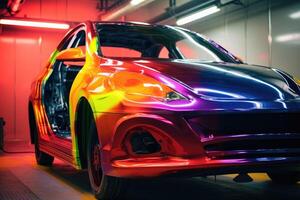 A close - up shot of a vehicle in a paint booth, as it undergoes the painting process. photo