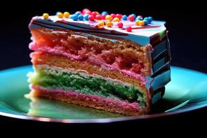 A lively and colorful extreme close - up of a slice of birthday cake. photo