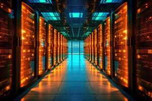A close - up photo of a corridor in a busy data center. The image features a multitude of rack servers and supercomputers filling the frame.