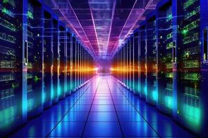 A close - up photo of a corridor in a busy data center. The image features a multitude of rack servers and supercomputers filling the frame.