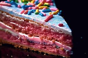 A lively and colorful extreme close - up of a slice of birthday cake. Generative AI photo