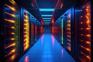 A close - up photo of a corridor in a busy data center. The image features a multitude of rack servers and supercomputers filling the frame.