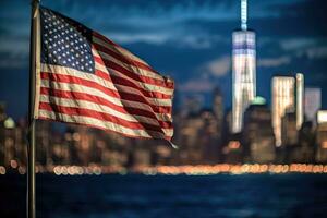un cerca - arriba Disparo de un americano bandera suavemente ondulación en el primer plano, con el icónico nuevo York ciudad horizonte iluminado en el antecedentes. generativo ai foto