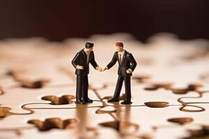 Close-up shot of two elegantly dressed miniature figures standing on puzzle pieces. photo