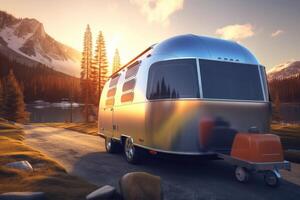 A close - up shot of a modern caravan parked, showcasing the freedom and adventure of travel. photo