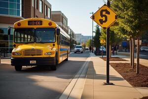A wide - angle shot of a school bus stop sign with an empty sidewalk in the background. photo