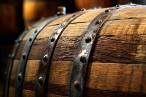 A close - up shot of an old wooden barrel in a wine vault cellar, showcasing the rich texture and aged patina of the wood. Generative AI photo