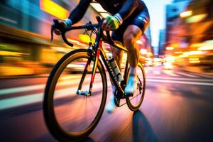 The energy and excitement of a city street in a close-up shot of a cyclist. Defocused Image. Generative AI photo