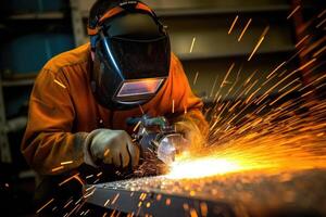 A close - up shot of a worker engrossed in cutting a metal plate with a spiral saw. Generative AI photo