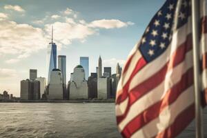 A close - up shot of an American flag gently waving in the foreground, with the iconic New York City skyline as a stunning backdrop. Generative AI photo