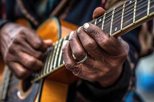 un sorprendentes cerca - arriba Disparo de un calle del músico manos apasionadamente jugando el guitarra. generativo ai foto