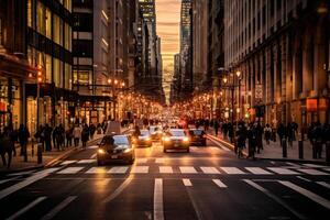 The energy and excitement of a bustling city street from a dynamic diagonal perspective. photo