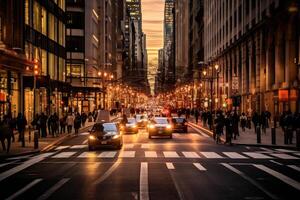 el energía y emoción de un bullicioso ciudad calle desde un dinámica diagonal perspectiva. generativo ai foto