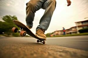The energy and athleticism of a skateboarder in a close - up shot. Generative AI photo