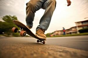The energy and athleticism of a skateboarder in a close - up shot. photo