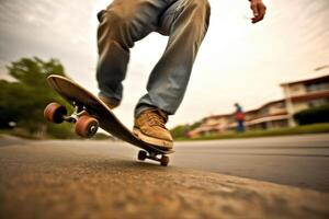 el energía y atletismo de un skater en un cerca - arriba disparo. generativo ai foto