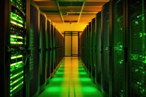 A close - up photo of a corridor in a busy data center. The image features a multitude of rack servers and supercomputers filling the frame.