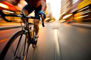 The energy and excitement of a city street in a close-up shot of a cyclist. Defocused Image. Generative AI photo