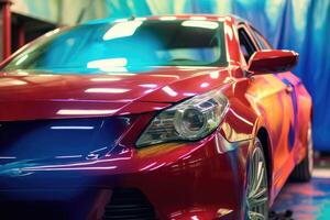 A close - up shot of a vehicle in a paint booth, as it undergoes the painting process. photo