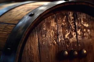 A close - up shot of an old wooden barrel in a wine vault cellar, showcasing the rich texture and aged patina of the wood. photo
