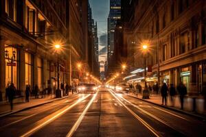 The energy and excitement of a bustling city street from a dynamic diagonal perspective. photo
