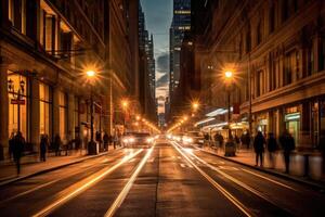 el energía y emoción de un bullicioso ciudad calle desde un dinámica diagonal perspectiva. generativo ai foto