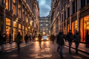 The energy and excitement of a bustling city street from a dynamic diagonal perspective. photo