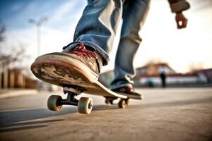 The energy and athleticism of a skateboarder in a close - up shot. photo