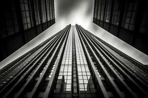 The magnificence of a towering skyscraper from a unique worm's - eye view perspective. Generative AI photo