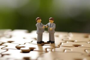 Close-up shot of two elegantly dressed miniature figures standing on puzzle pieces. photo