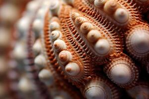 The intricate patterns and textures of a seashell in a close - up shot. Generative AI photo