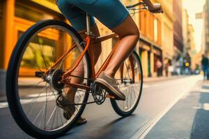 The vibrant energy and urban vibe of a young woman cycling through a bustling city street with a close - up shot of her legs and the pedals. Generative AI photo