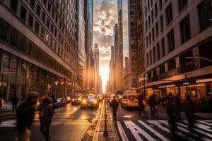 el energía y emoción de un bullicioso ciudad calle desde un dinámica diagonal perspectiva. generativo ai foto