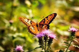 el tranquilidad y belleza de naturaleza con un cerca - arriba Disparo de un vistoso mariposa descansando en un flor. generativo ai foto