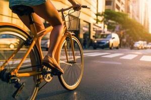 The vibrant energy and urban vibe of a young woman cycling through a bustling city street with a close - up shot of her legs and the pedals. Generative AI photo